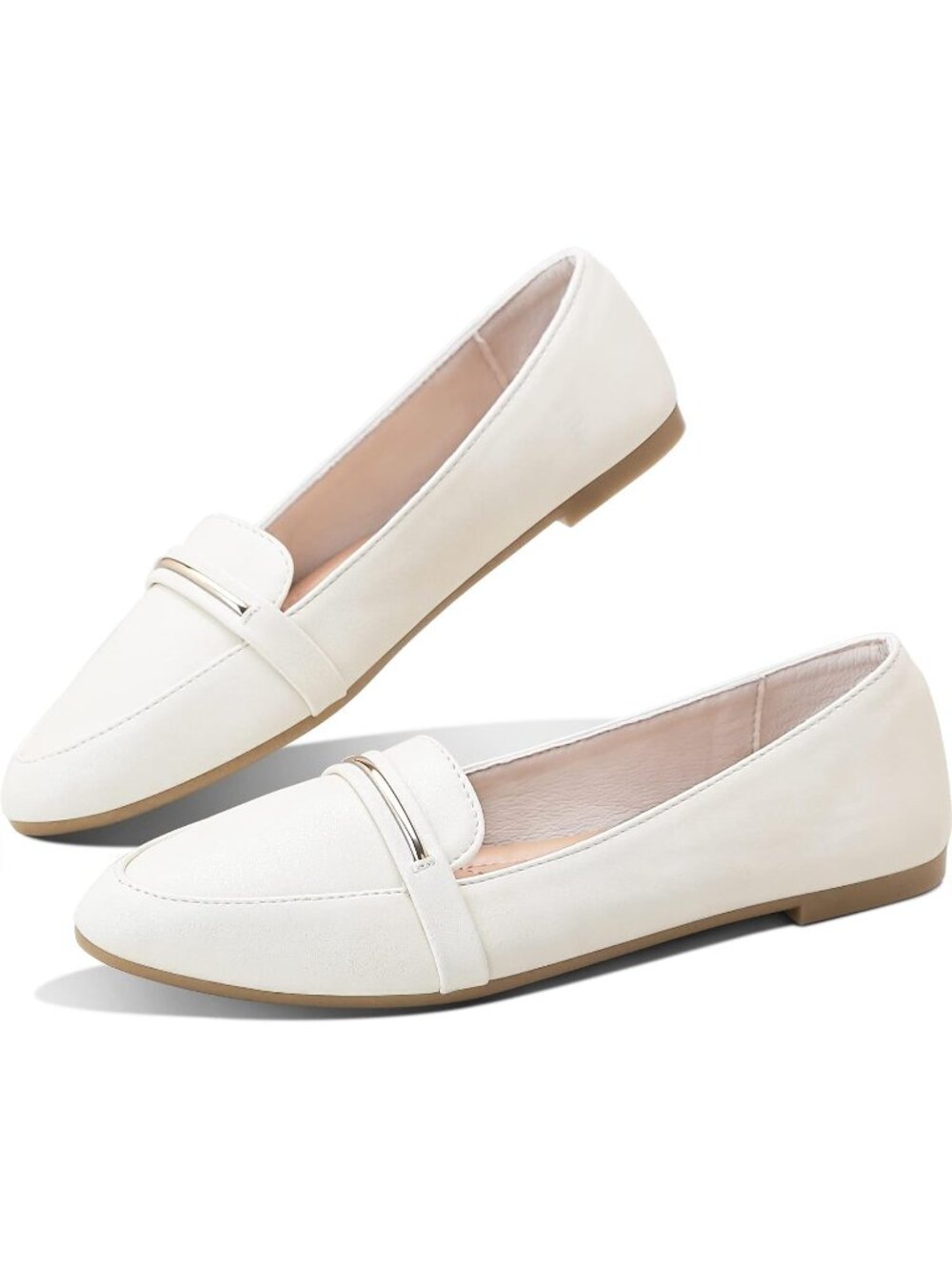 Women's Beige Faux Leather Comfortable Cute Penny Loafer Slip On Ballet Flats